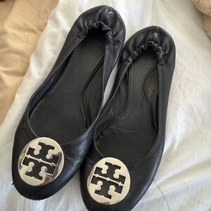 Tory Burch Black Flats with Silver Logo